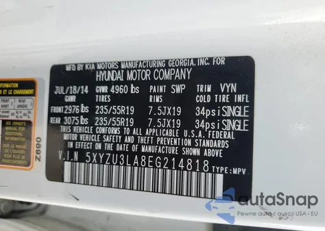 2014 Hyundai Santa Fe Sport из США, поврежденный, VIN 5XYZU3LA8EG214818